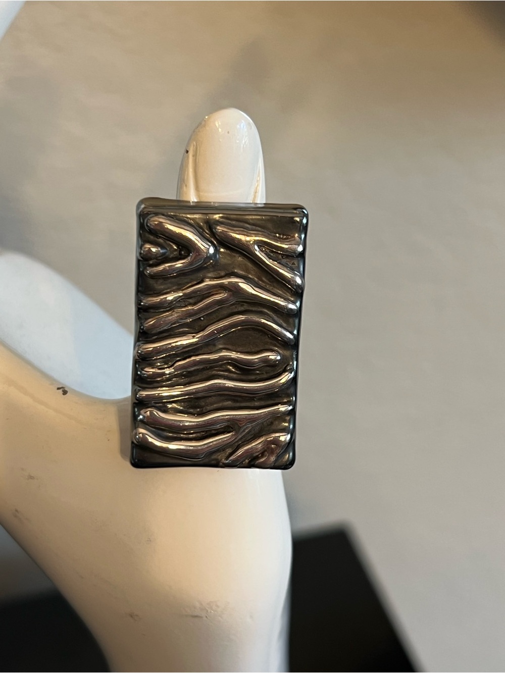 Rectangular Wave-Texture Statement Ring in Dark Sterling Silver 925